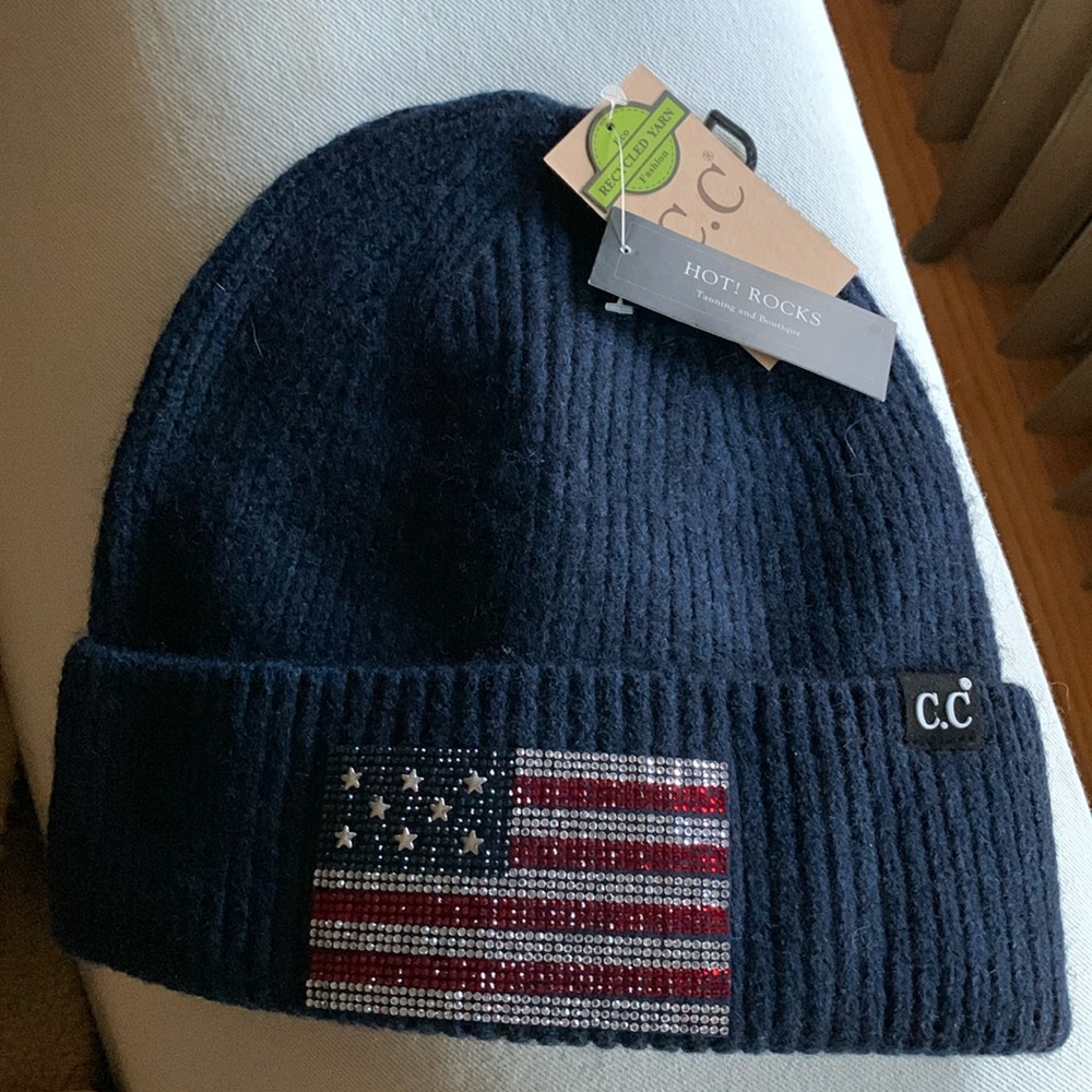 NWT C.c Navy Blue Beanie w American Flag